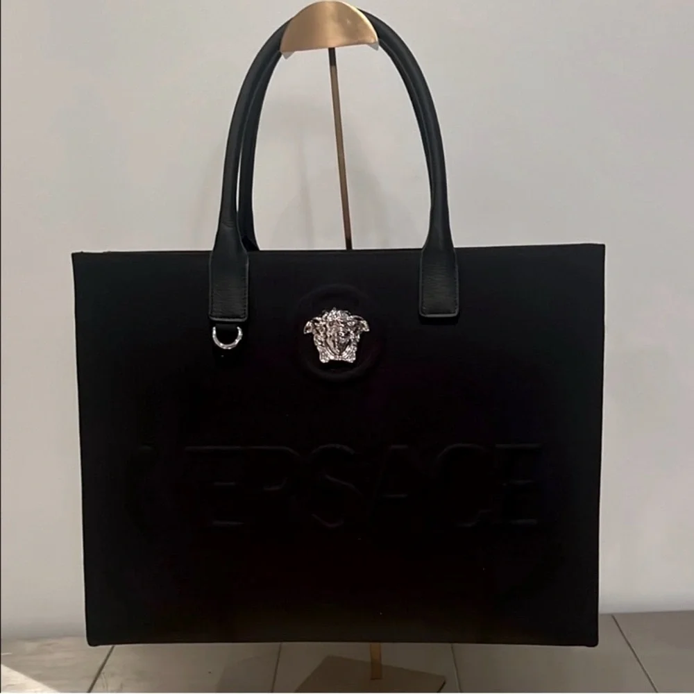 VERSACE Black Large Tote Bag w/Silver Medusa and Branded Dust Bag, EUC
